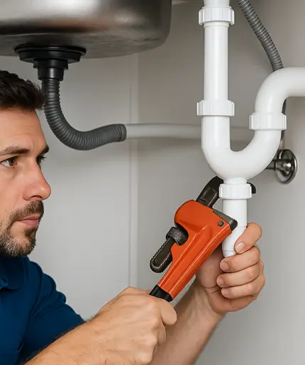 Plumber Fixing a Kitchen Sink Pipe in Pearland